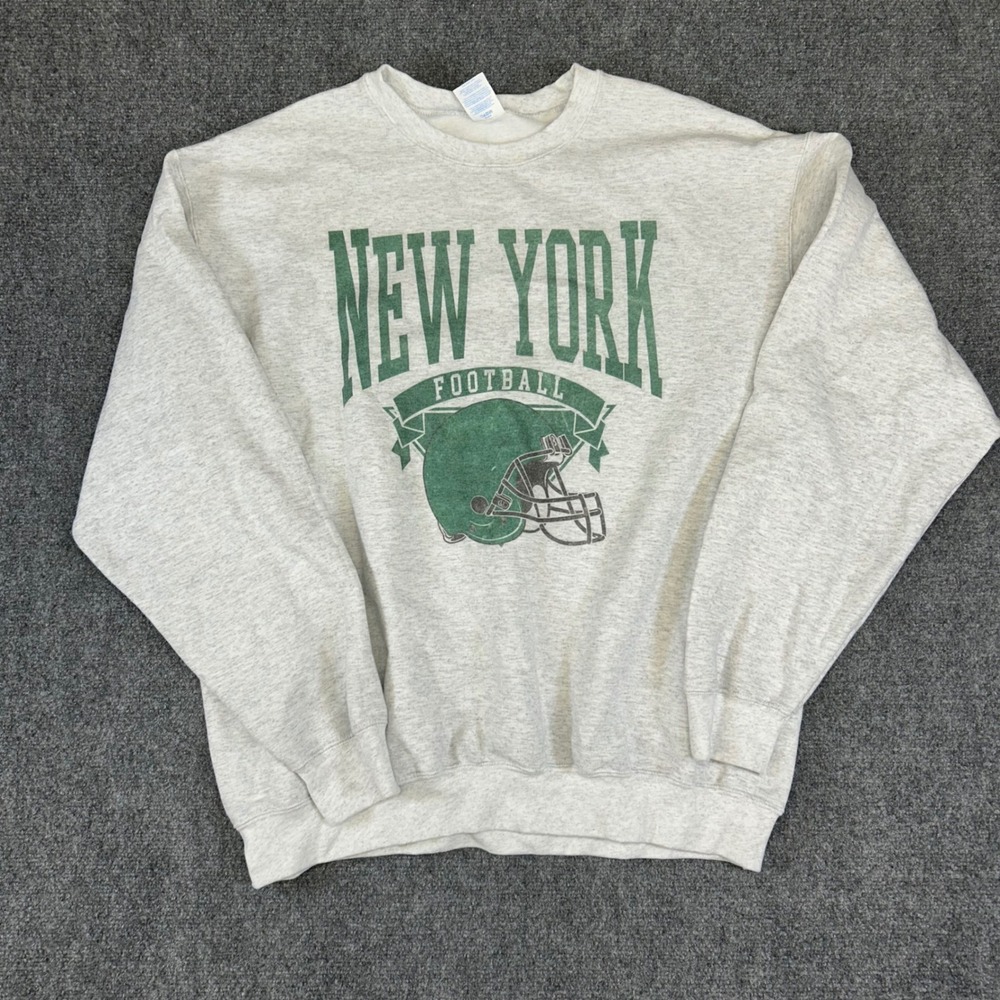 Port & Company New York Football Sweatshirt Heather Grey Green XL Crewneck